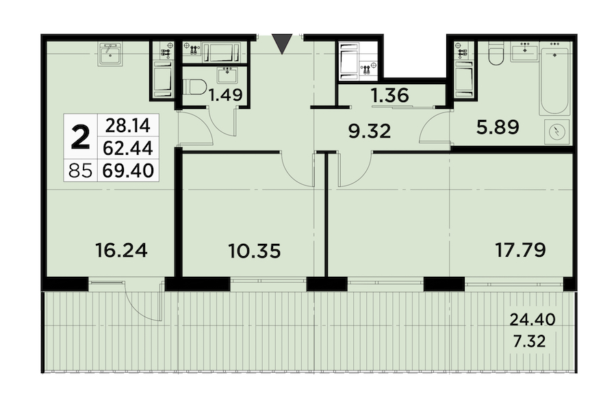 2-комнатная квартира 69.4 м², 14/14 эт., ЖК «GloraX City Zanevsky»